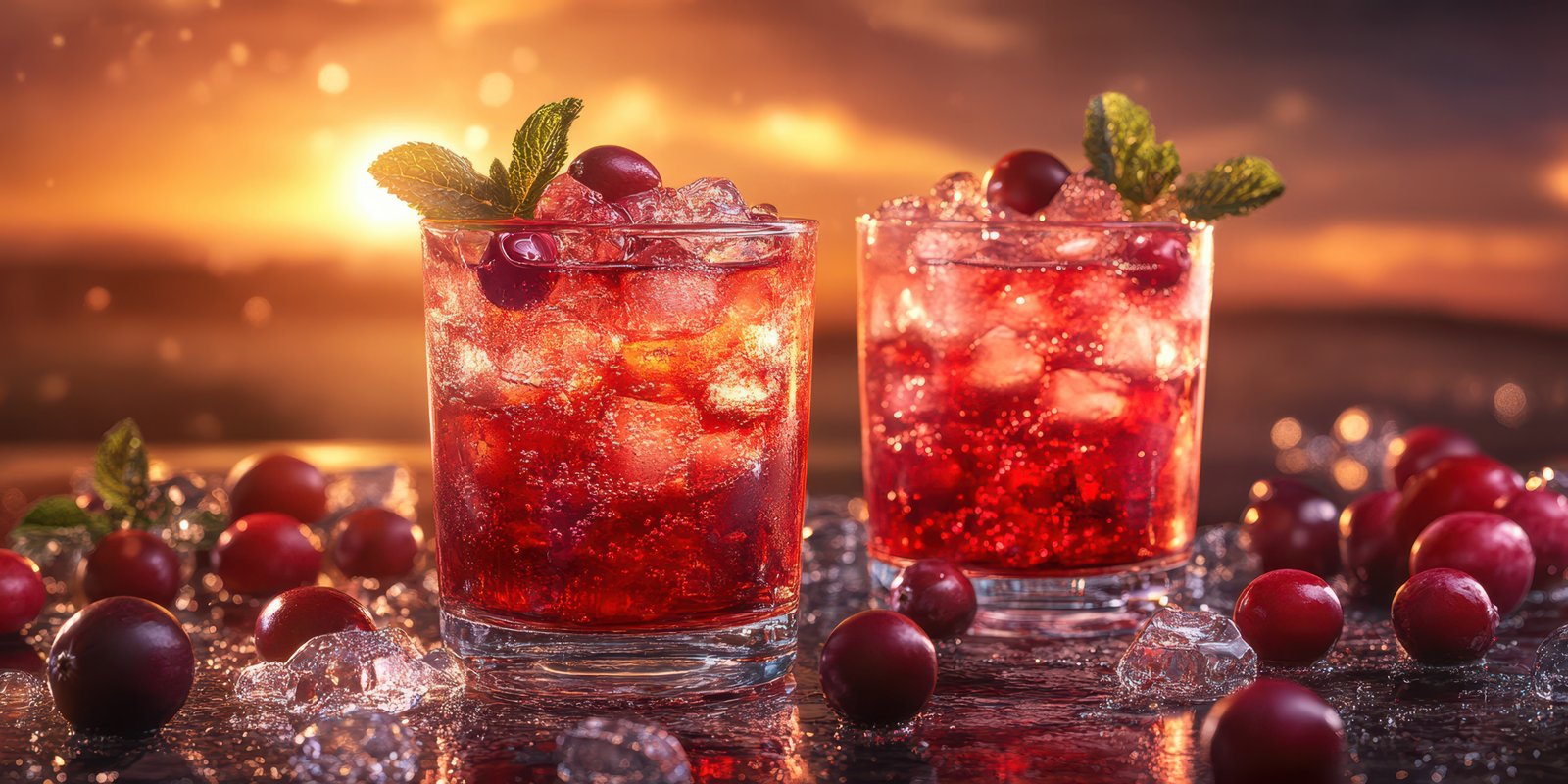 Refreshing drinks with cranberries and mint during sunset at a seaside location
